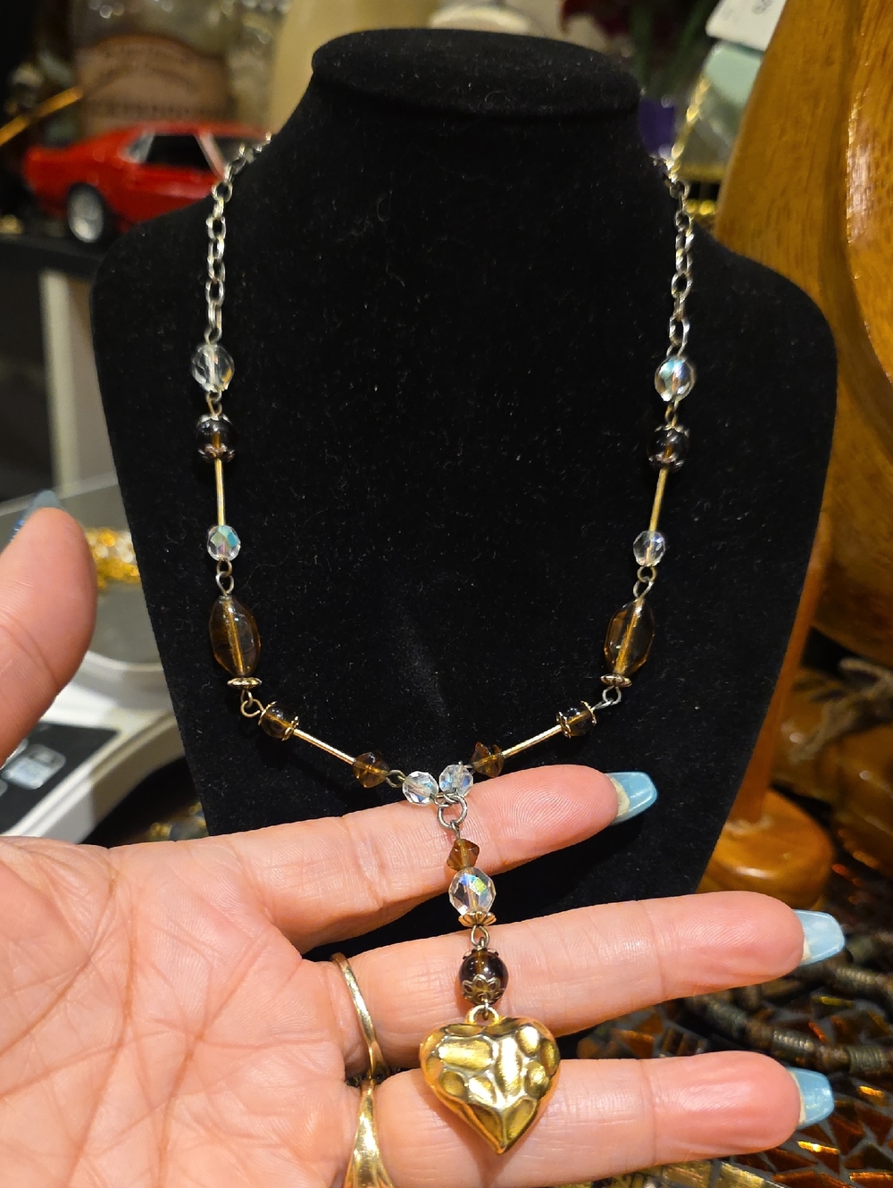 Vintage Gold Heart Pendant Necklace with Brown and Clear Beads